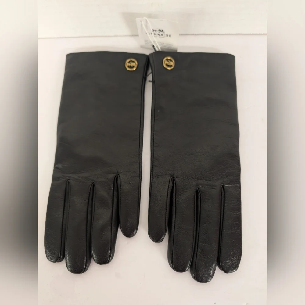 Coach Black Leather Button-Accent Gloves with Gold-Tone Logo NWT